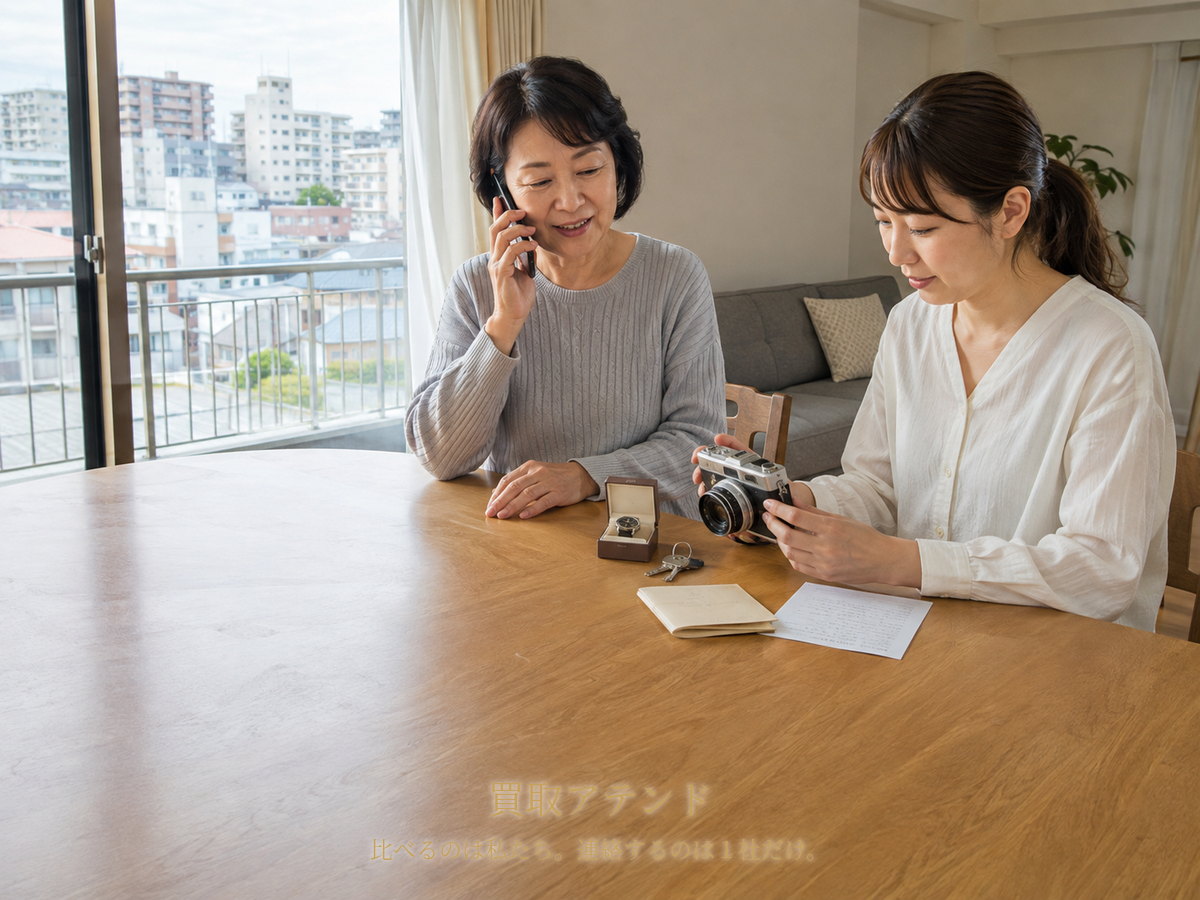 市川市の集合住宅で日本人親子が電話をしながらカメラや時計、鍵、書類と建物条件を確認しているイメージ