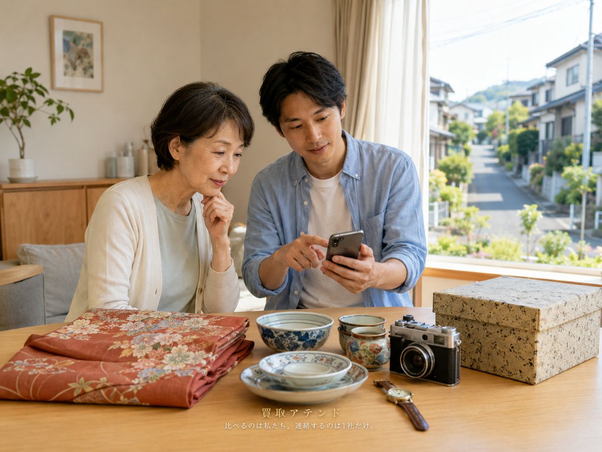 稲城市の戸建てで日本人家族が出張買取を相談しながら品物を確認するイメージ