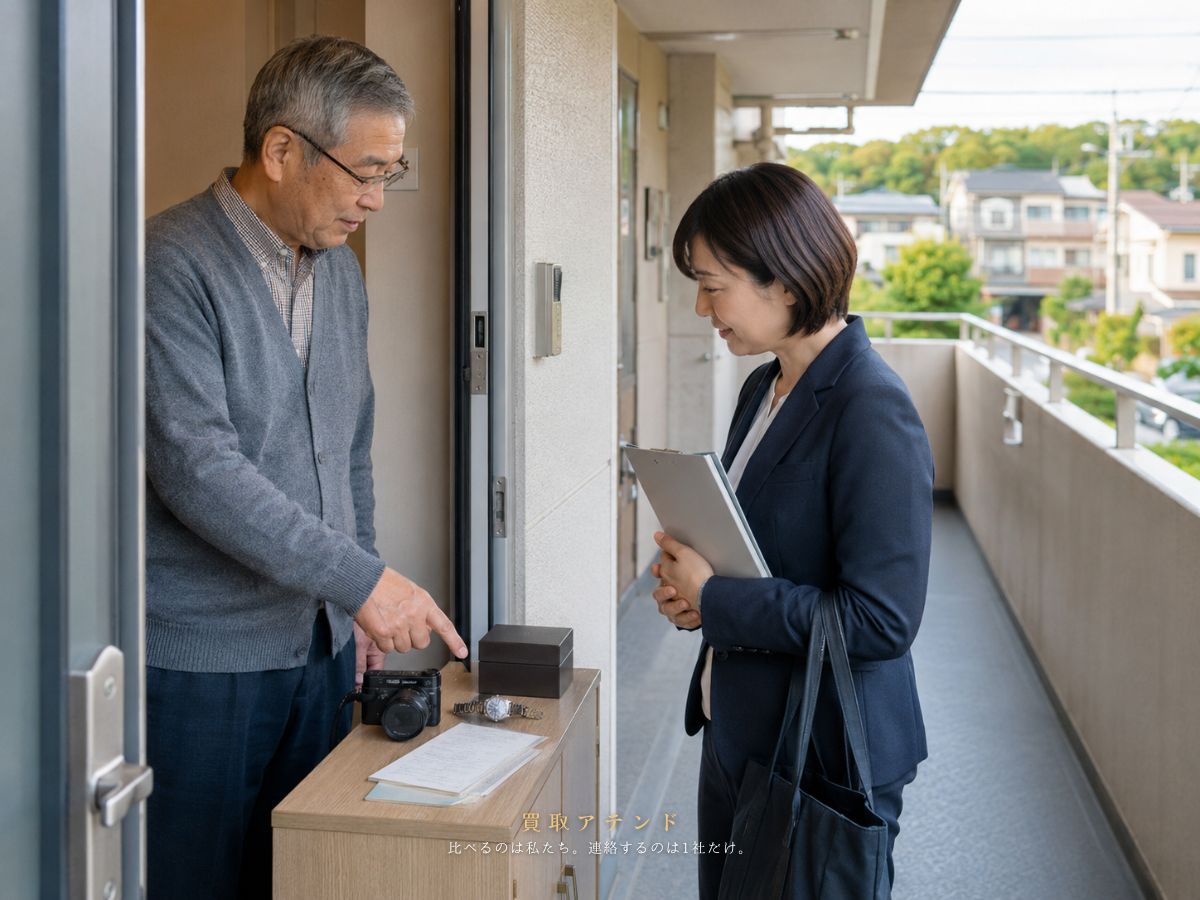 稲城市の住宅玄関で住人が室内側から出張買取スタッフと品物を確認するイメージ