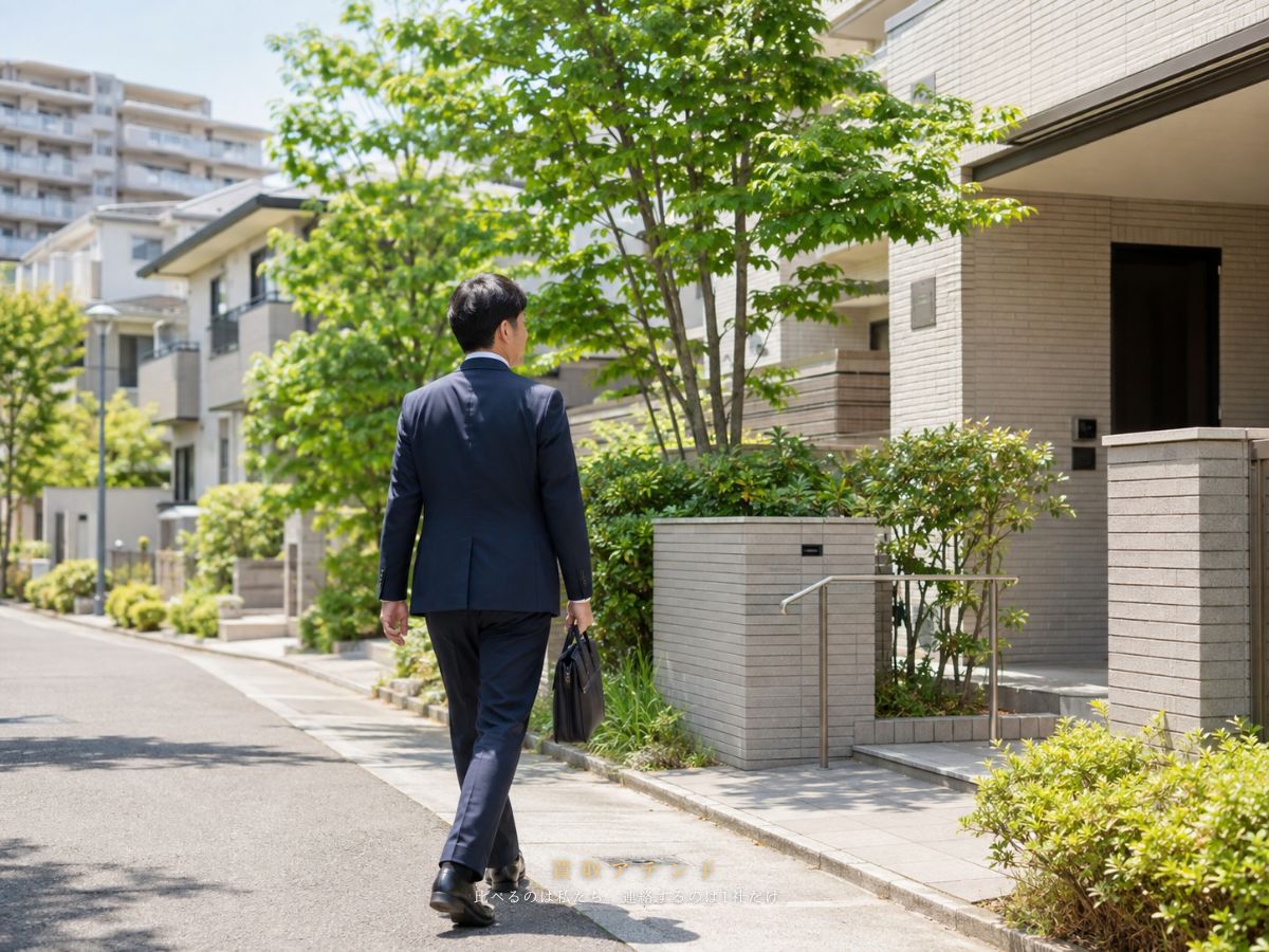 稲城市の戸建てとマンションがある住宅街へ出張買取スタッフが訪問するイメージ