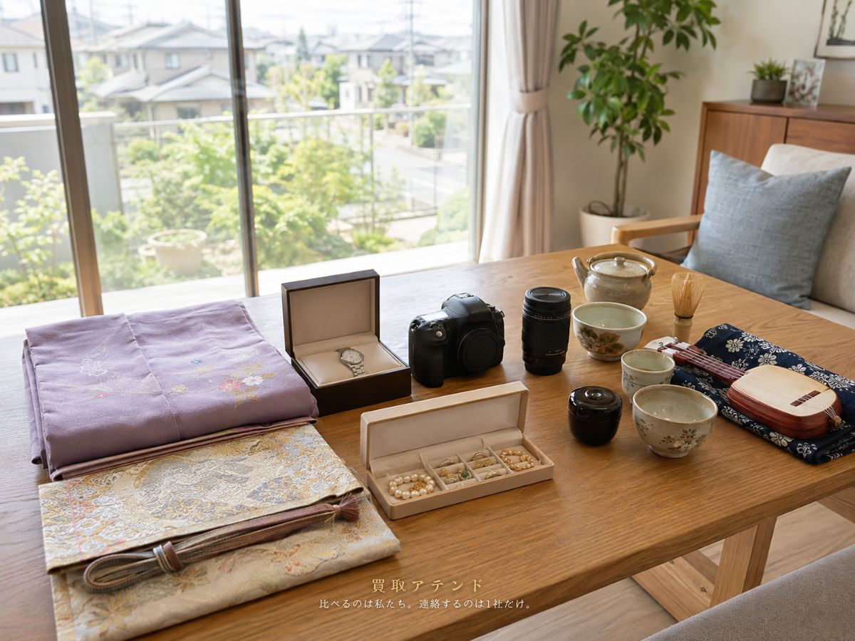 稲城市で出張買取を相談できる時計・カメラ・ジュエリー・着物・楽器・食器のイメージ