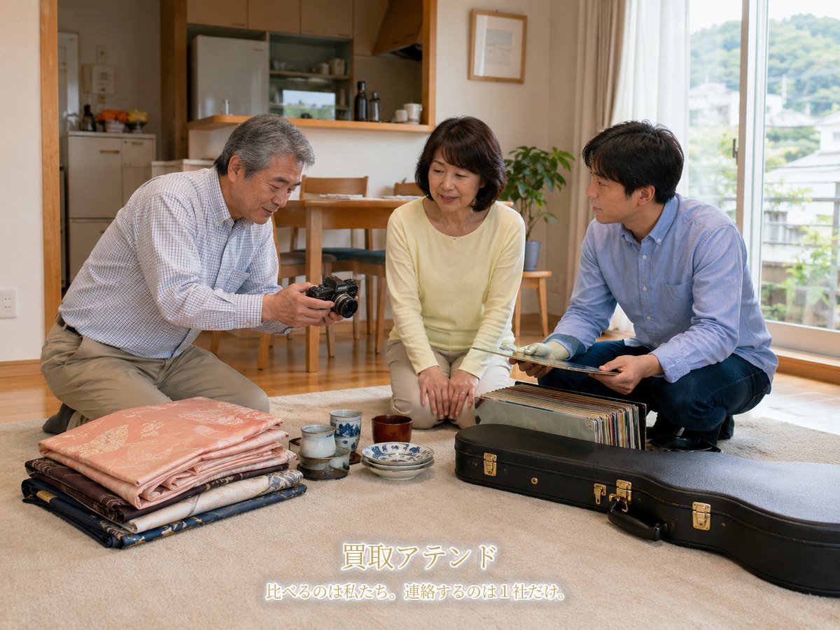磯子区の自宅で出張買取の相談品を家族で確認するイメージ 磯子区の自宅で日本人家族が着物や食器、カメラ、レコード、楽器ケースを囲んで相談しているイメージ