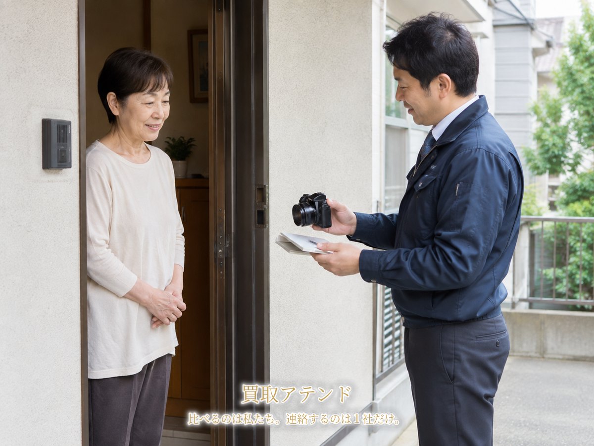 磯子区の住宅玄関で行う出張買取査定のイメージ 磯子区の住宅玄関で住人が室内側、紹介先スタッフが屋外側からカメラと付属品を確認しているイメージ