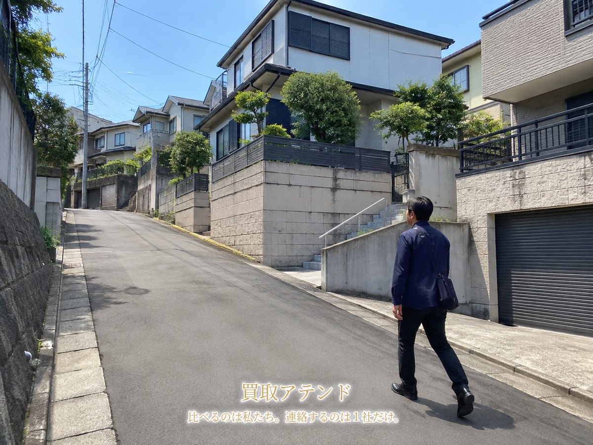 磯子区の坂のある住宅街へ出張買取スタッフが向かうイメージ 磯子区の坂のある住宅街で日本人スタッフが小型バッグを持って訪問先へ向かうイメージ