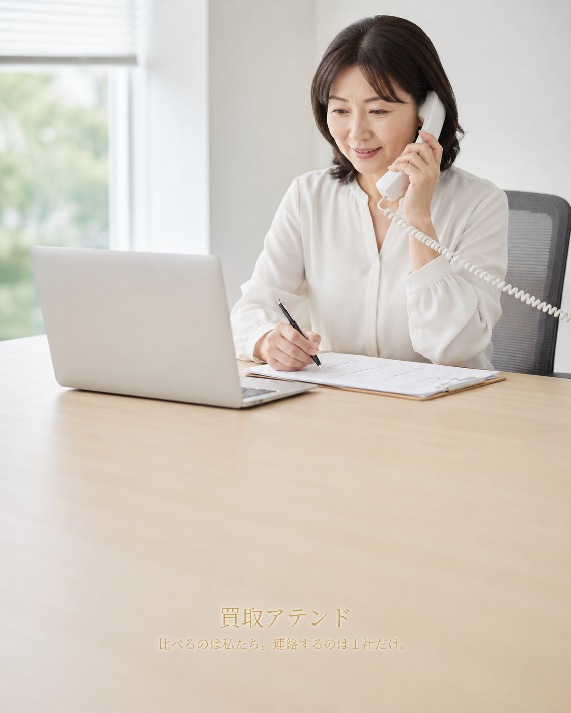 横浜市泉区の出張買取相談を電話確認するスタッフ 日本人女性スタッフが横浜市泉区の出張買取相談をオフィスで電話確認しているイメージ