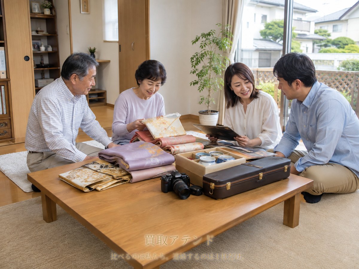 開成町の戸建てで60代夫婦と30代から40代の家族が着物や食器、カメラなどの売却候補を一緒に確認している様子
