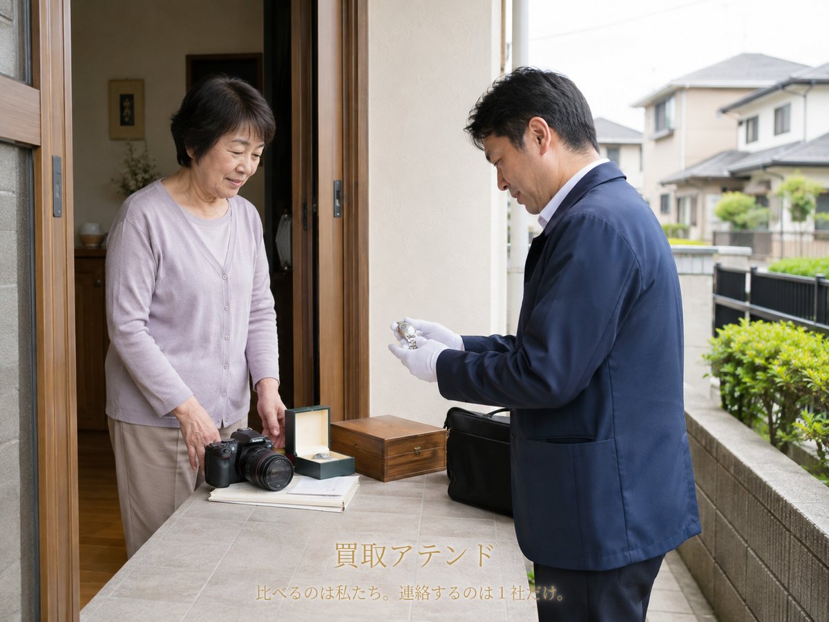 開成町の住宅玄関で60代の住人が室内側から40代の日本人買取店スタッフに時計やカメラを見せている様子
