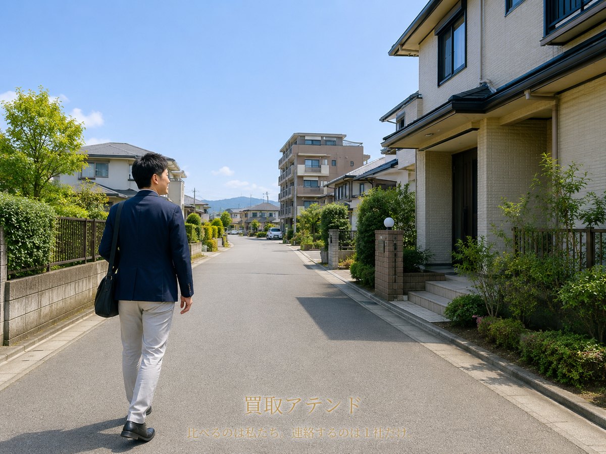 開成町の平坦な住宅街で40代の日本人スタッフが小型バッグを持って訪問先の住宅へ向かう様子