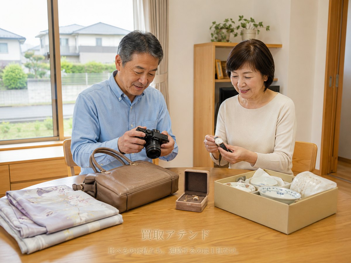 開成町の明るい戸建てで50代から60代の日本人夫婦が時計やカメラ、着物、食器などを確認している様子