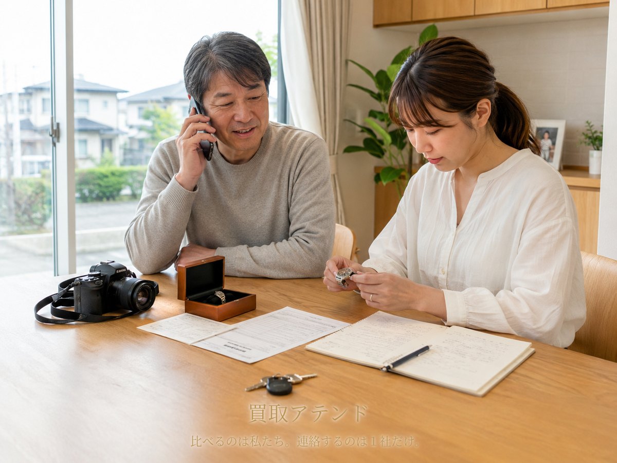 開成町の住まいで50代の日本人が電話をしながら20代から30代の家族と保証書や鍵、建物条件のメモを確認している様子