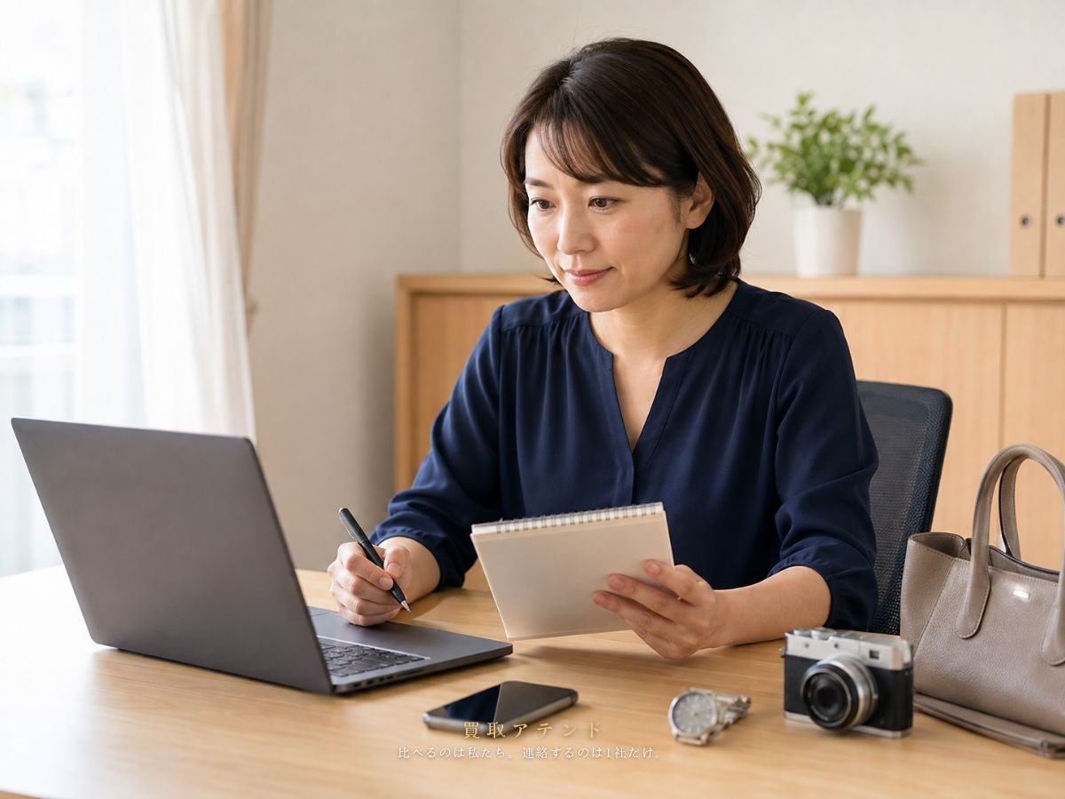 日本人スタッフが相談メモとパソコンで買取アテンドの紹介条件を確認しているイメージ