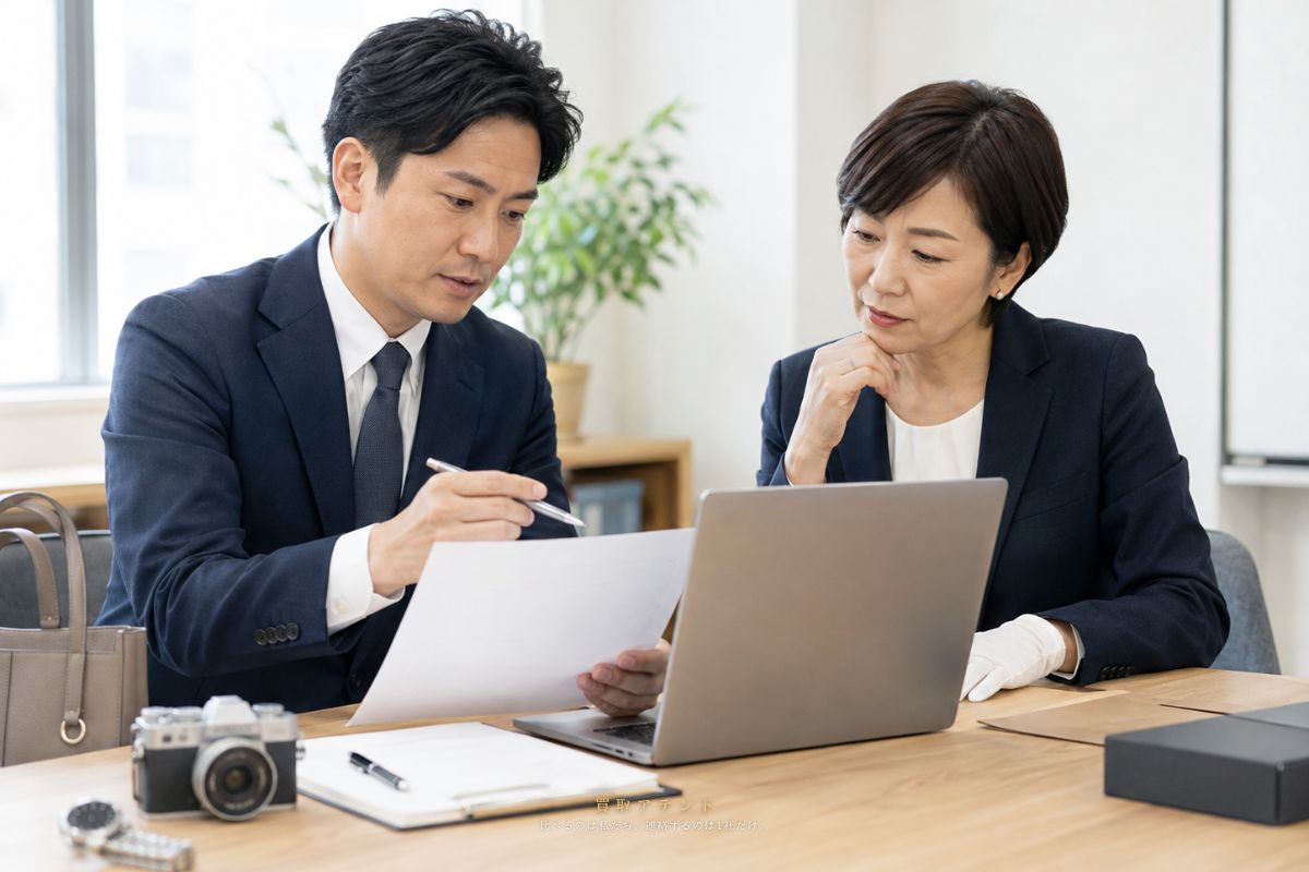 買取アテンドが相談条件に合う出張買取店を選定するイメージ 日本人スタッフが品物や訪問条件を確認し出張買取店を選定しているイメージ