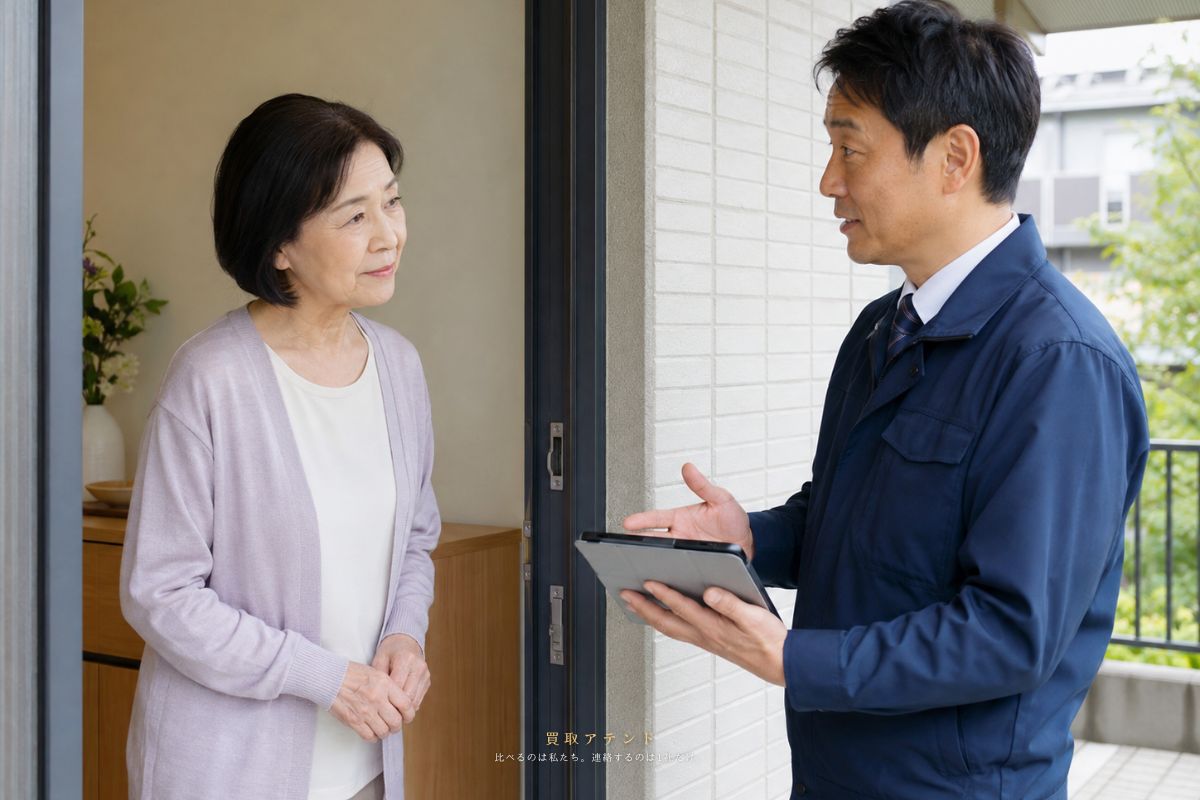 紹介先の出張買取店による訪問査定と売却判断のイメージ 日本人の利用者が玄関で紹介先の出張買取店から査定内容の説明を受けているイメージ