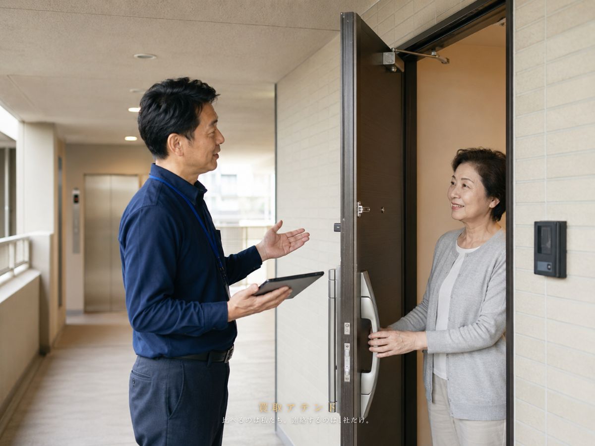 出張買取の訪問先と建物条件を確認するイメージ 日本人スタッフが集合住宅の玄関外で訪問と搬出条件を確認しているイメージ