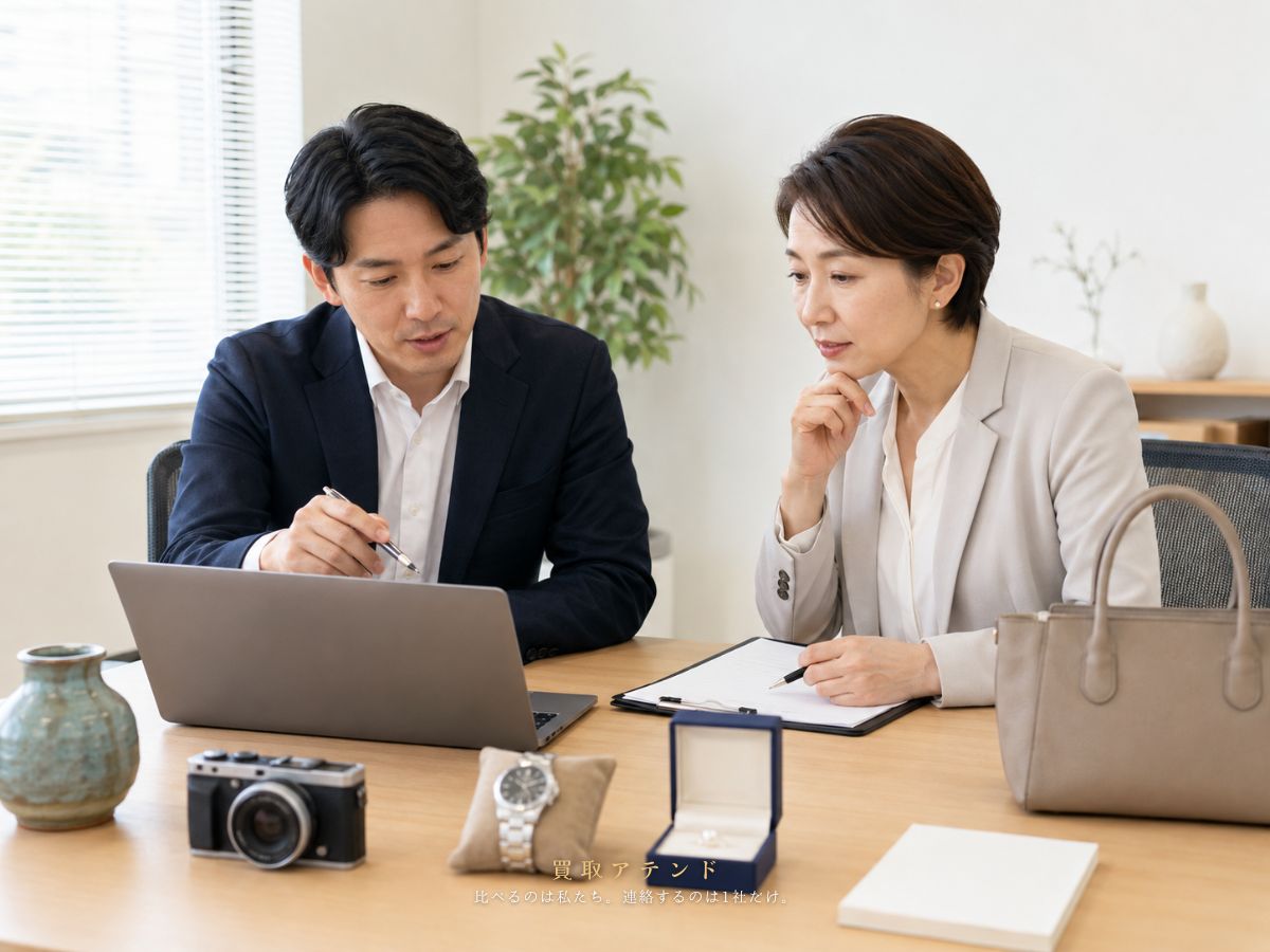 品物の得意分野を確認して出張買取店を選定するイメージ 日本人スタッフが複数の品物と相談条件を確認して買取店との相性を検討しているイメージ