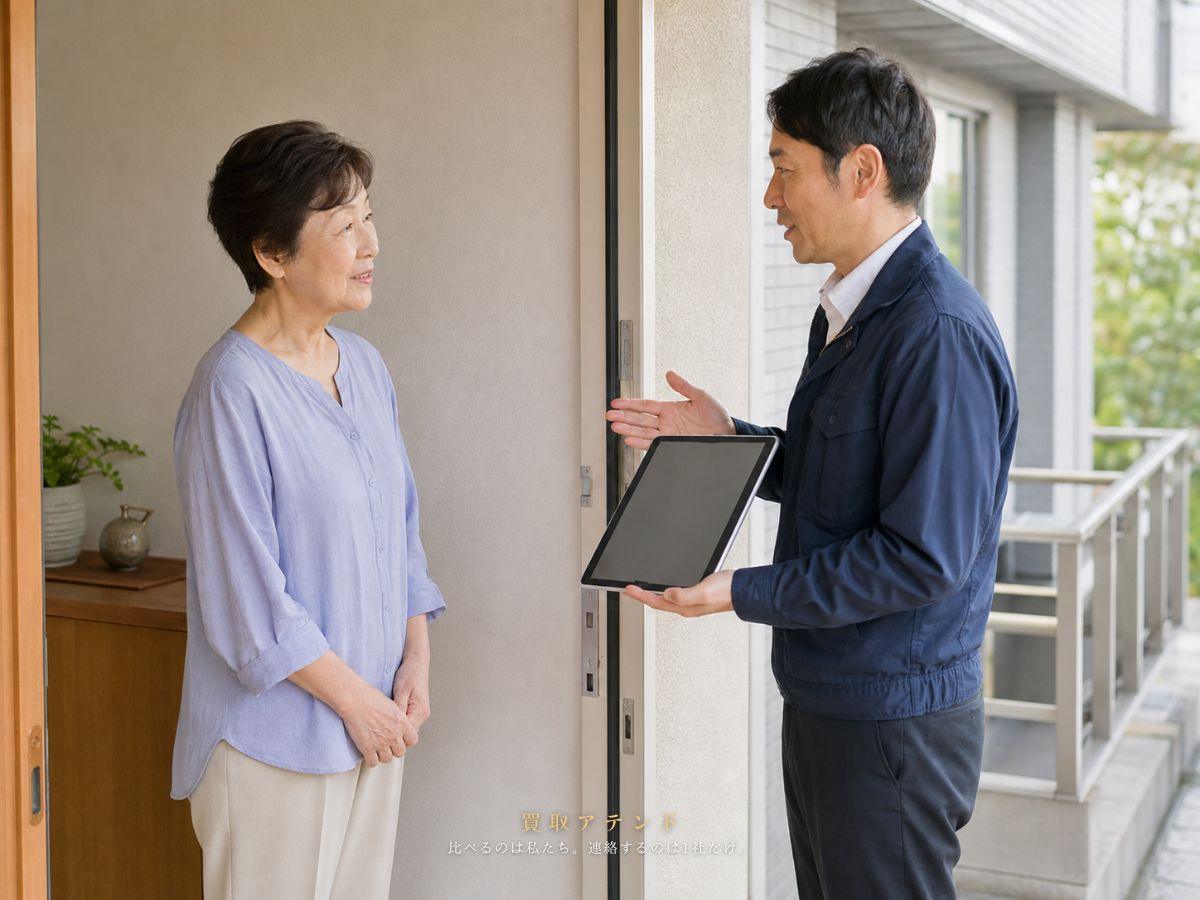 日本人の利用者が玄関で紹介先スタッフから訪問査定の説明を受けているイメージ