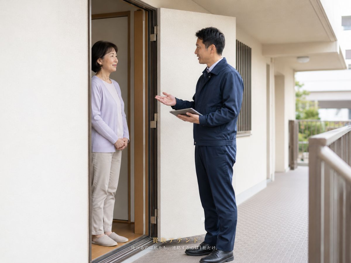 日本人スタッフが集合住宅の玄関外で建物と搬出条件を確認しているイメージ