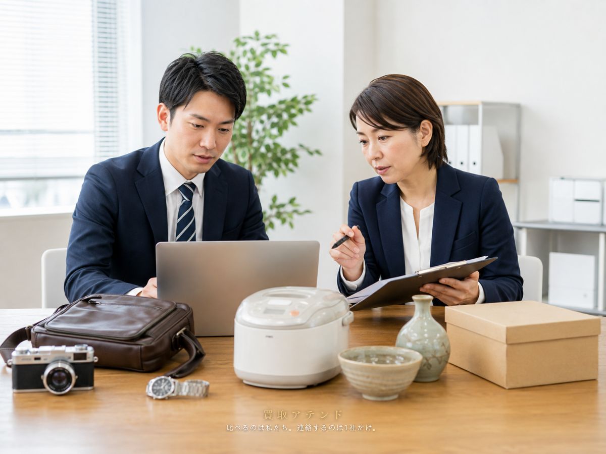 日本人スタッフが品物の種類と状態を確認して紹介可否を検討しているイメージ
