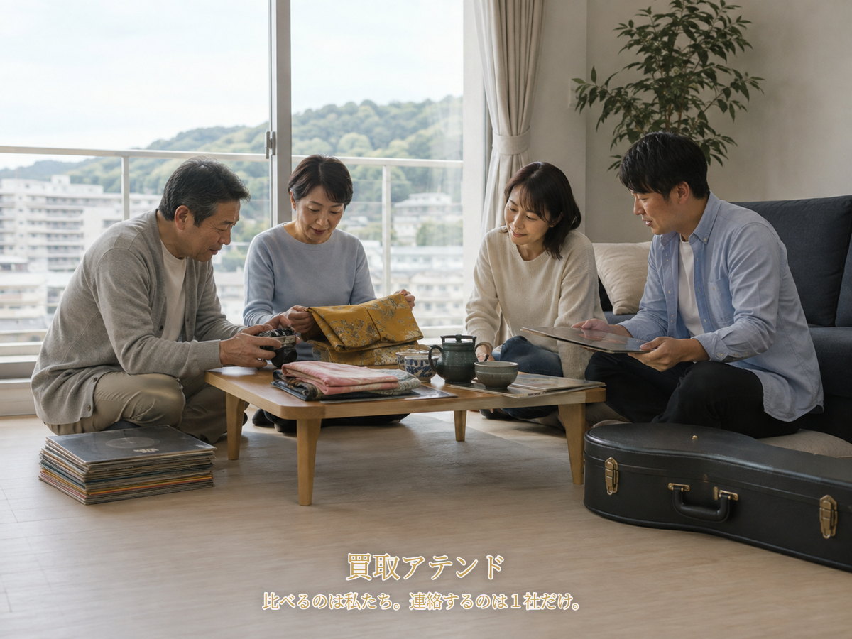 鎌倉市の集合住宅で日本人家族が着物や食器、カメラ、レコード、楽器ケースを確認しているイメージ