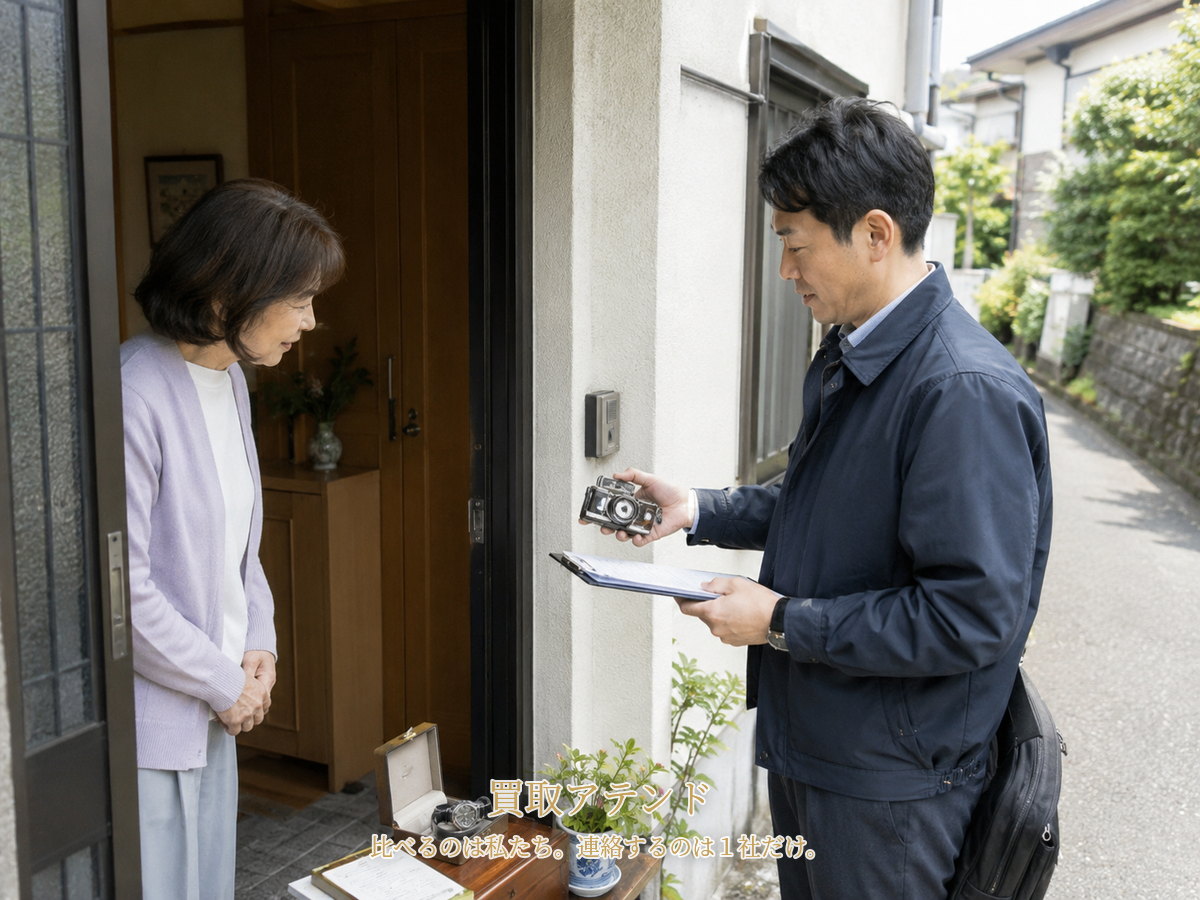 鎌倉市の戸建て玄関で住人が室内側、出張買取スタッフが屋外側からカメラや書類を確認するイメージ