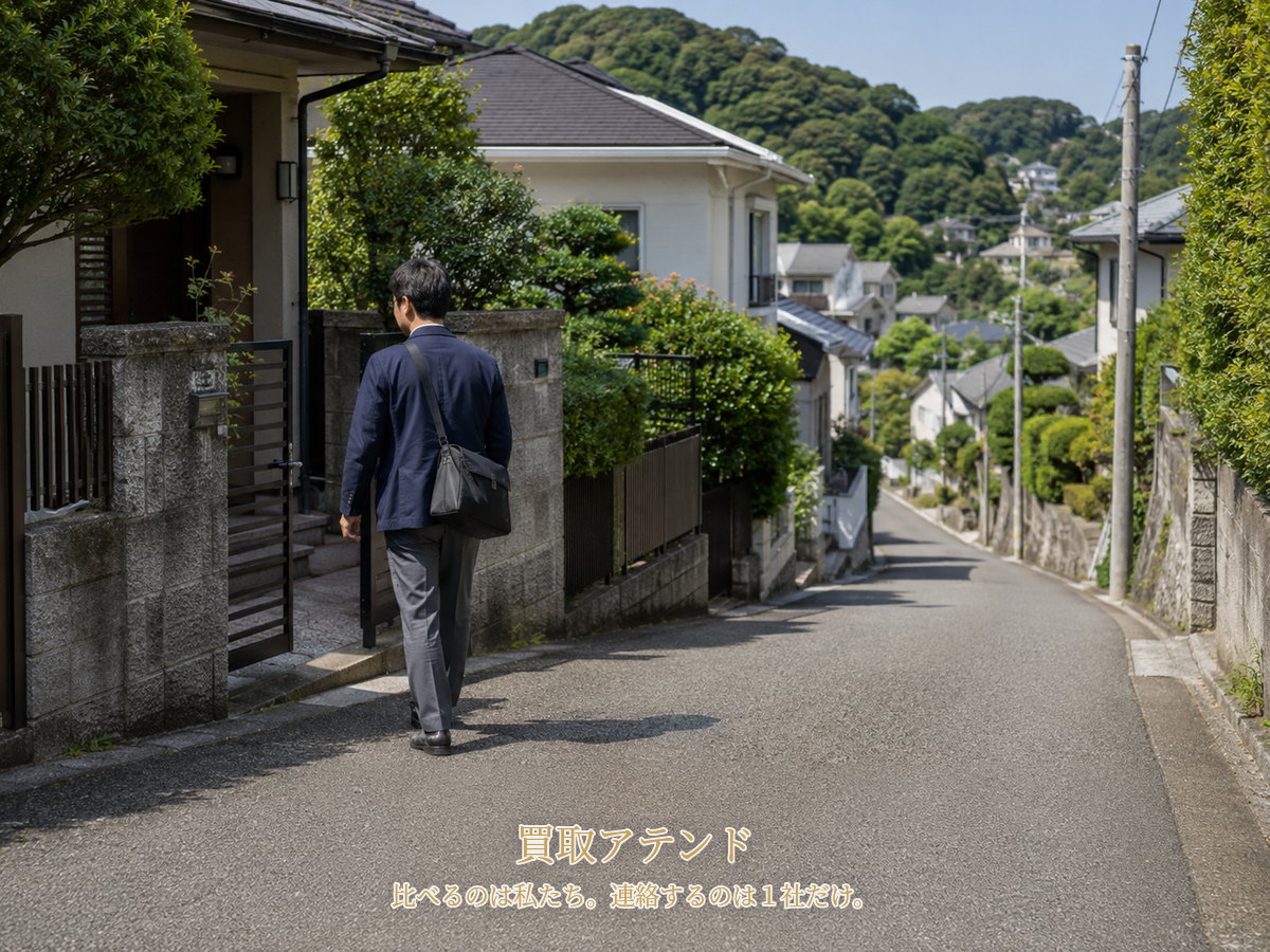 鎌倉市の坂のある住宅地で日本人スタッフが小型バッグを持って戸建てへ向かうイメージ