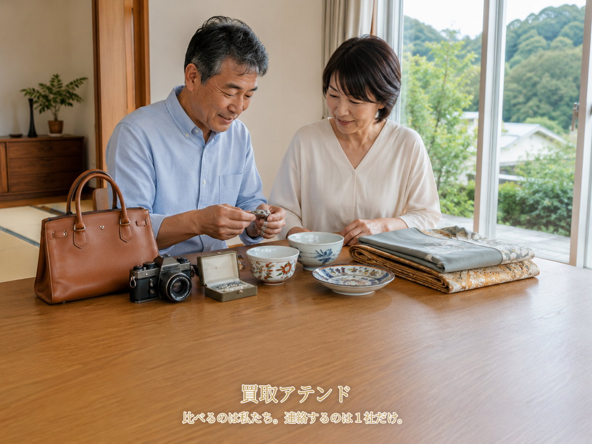 鎌倉市の戸建てで日本人夫婦がバッグや時計、カメラ、ジュエリー、食器、着物を確認しているイメージ