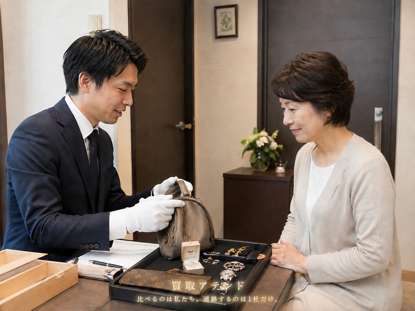 神奈川県の自宅で出張買取スタッフが利用者の品物を確認しているイメージ