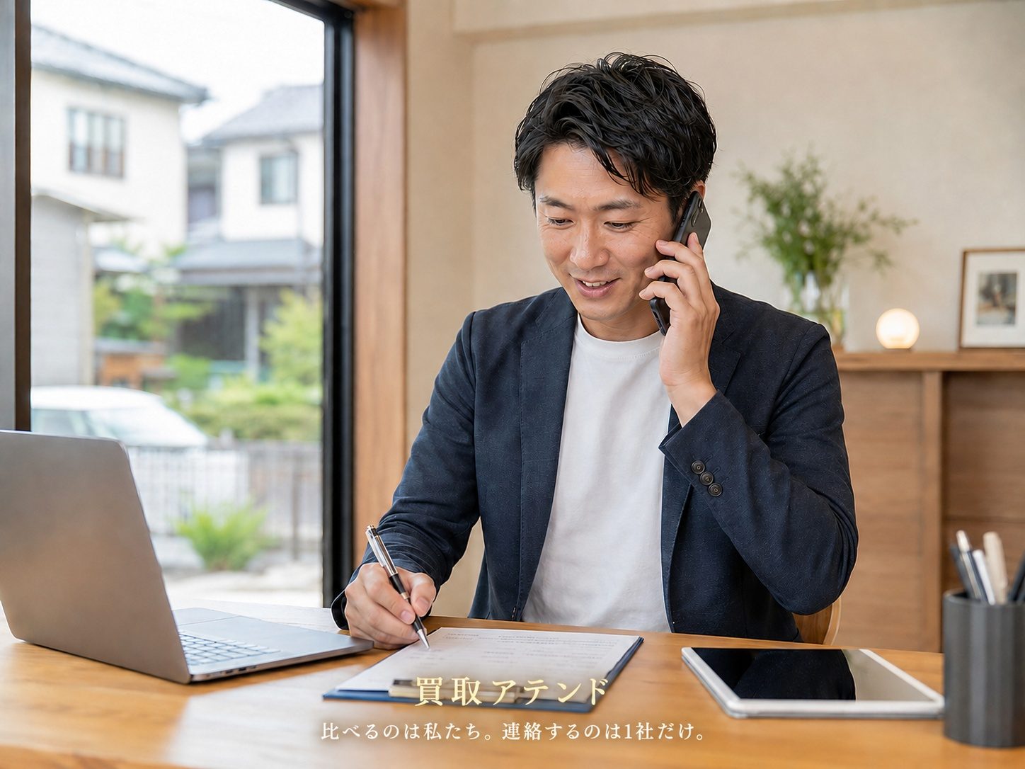 日本人スタッフが神奈川県の出張買取相談内容を電話とメモで確認しているイメージ