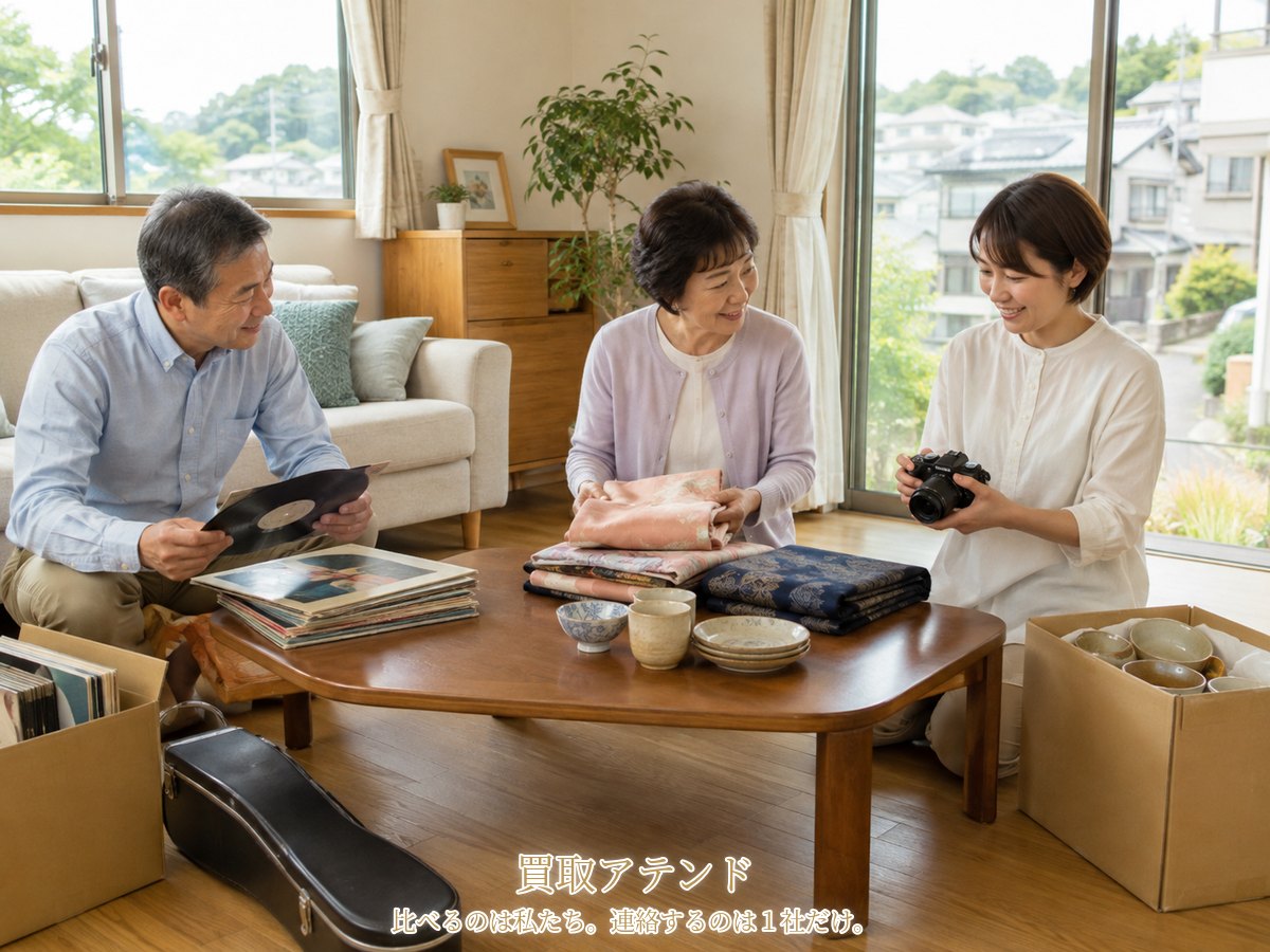 神奈川区の戸建てで60代夫婦と30代の家族が着物、食器、カメラ、レコード、楽器ケースを囲み出張買取の相談品を整理している様子