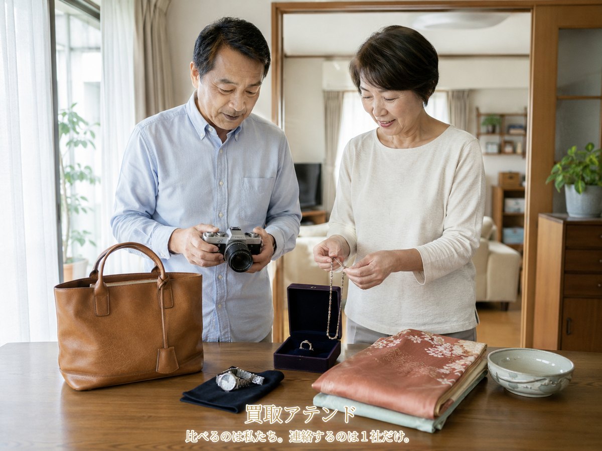 神奈川区の明るい住宅で50代から60代の日本人夫婦が時計、カメラ、ジュエリー、食器、着物を確認している様子