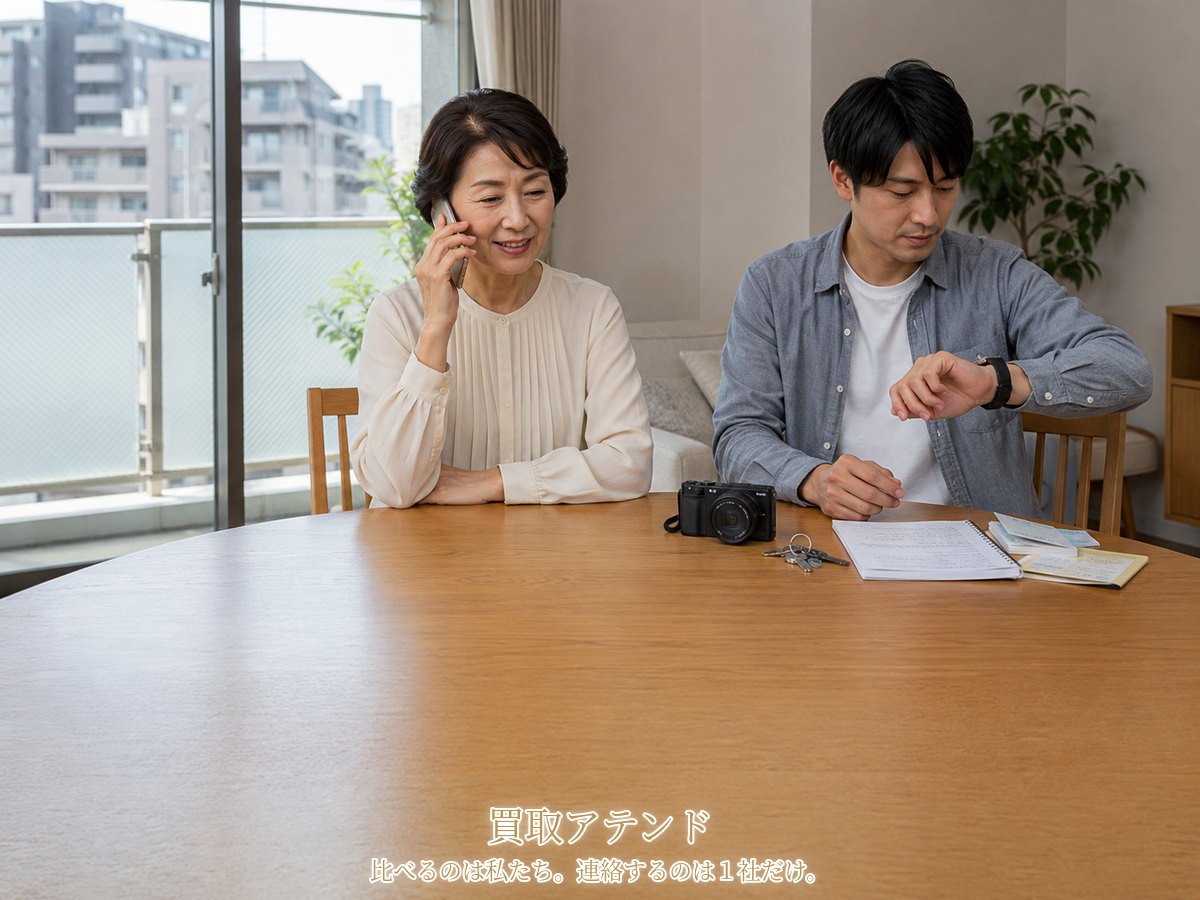 神奈川区の住宅で50代の親と20代の家族が電話をしながら品物、保証書、鍵、建物条件のメモを確認している様子