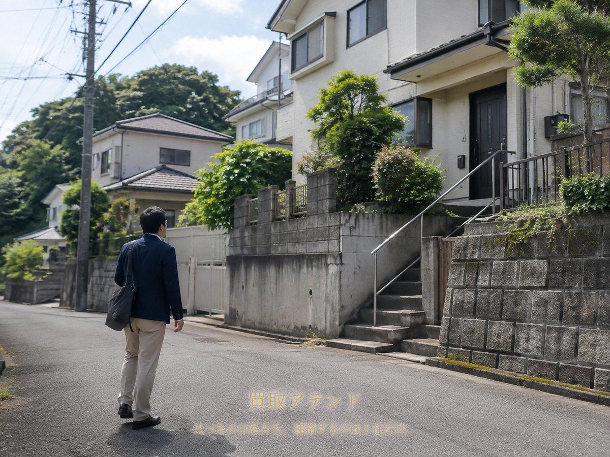 金沢区の坂と高低差のある住宅街で日本人スタッフが戸建てへ向かうイメージ