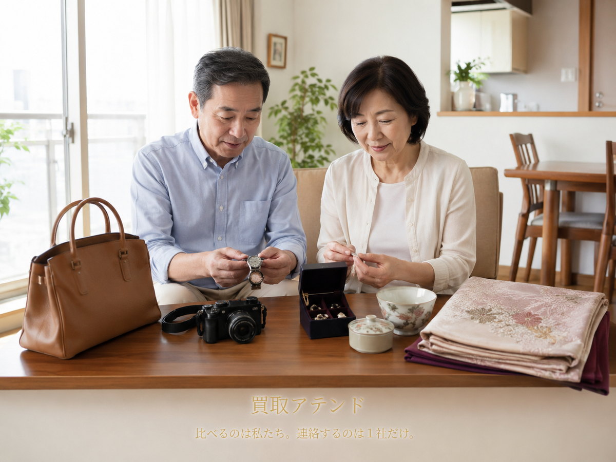 日本人夫婦が金沢区の自宅で時計やカメラ、バッグ、ジュエリー、着物などを確認しているイメージ