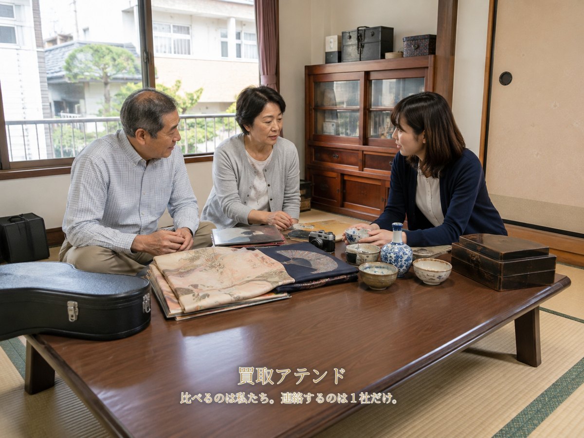 川崎市川崎区の低層住宅で日本人家族が着物や食器、カメラなどの相談品を確認しているイメージ