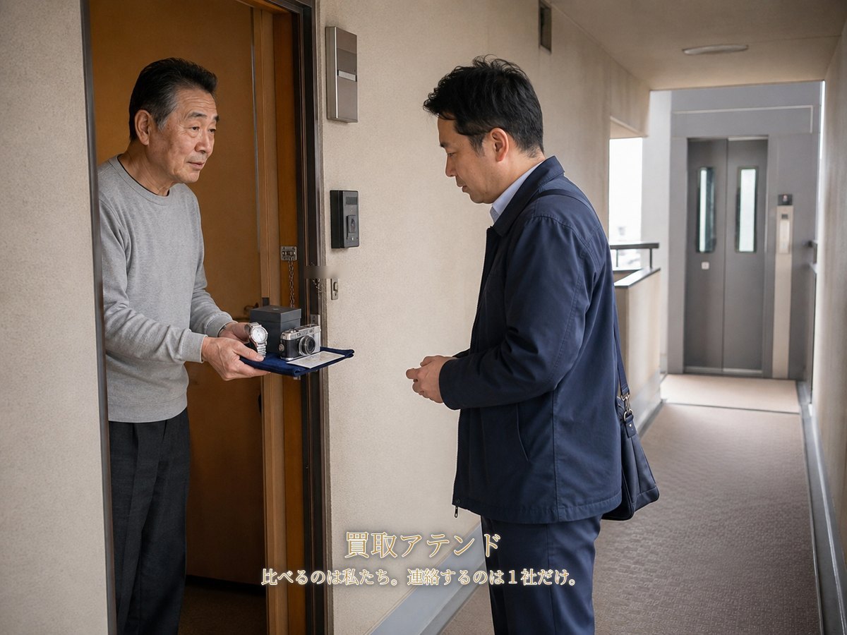 川崎市川崎区の集合住宅玄関で住人が室内側、出張買取スタッフが共用廊下側から品物を確認するイメージ