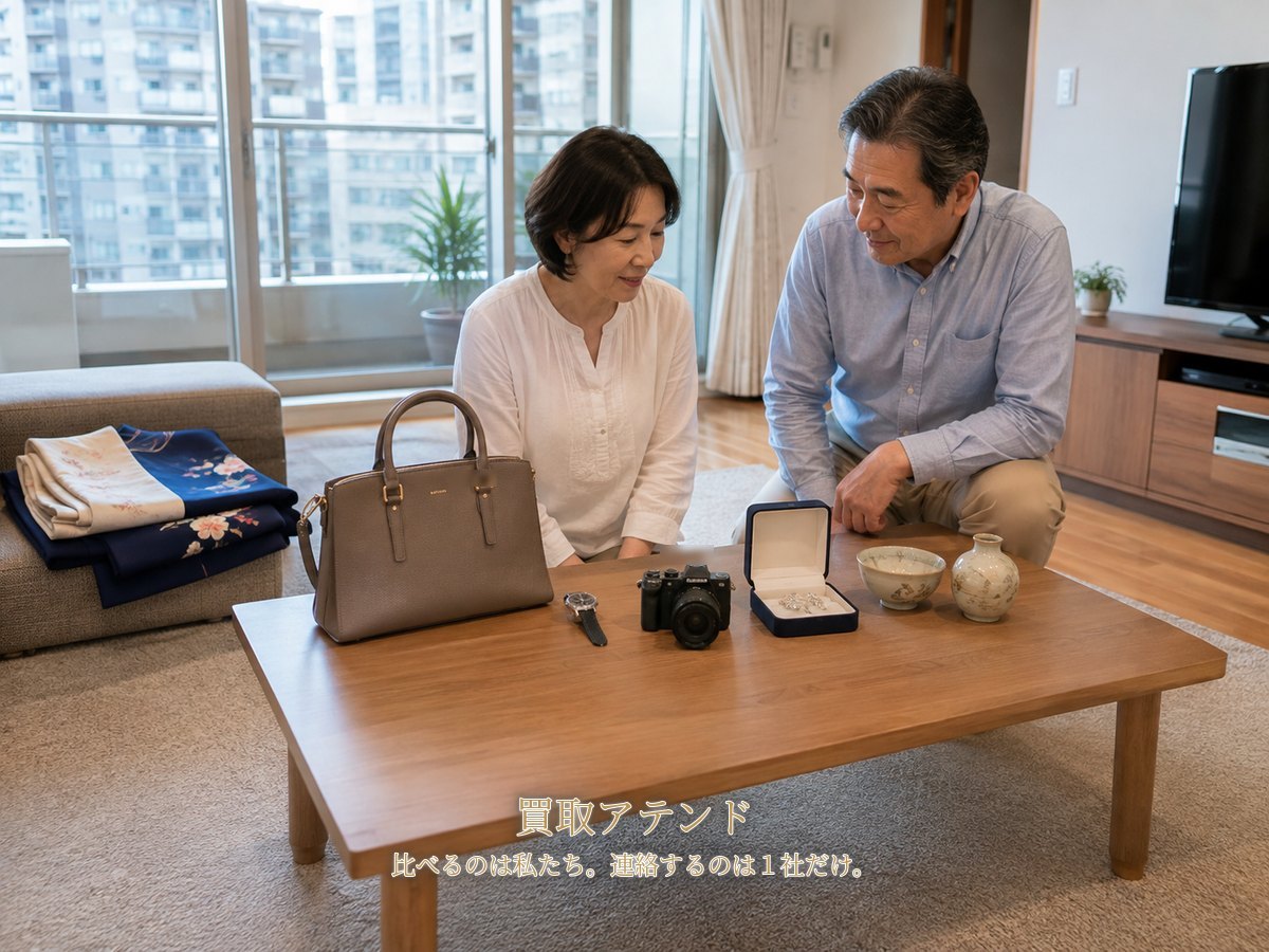 川崎市川崎区のマンションで日本人夫婦が時計やカメラ、着物などの相談品を確認しているイメージ