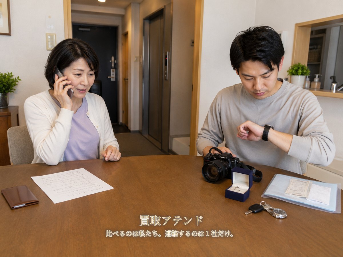日本人家族が川崎市川崎区のマンションで電話をしながら品物や保証書、鍵、建物条件を確認しているイメージ