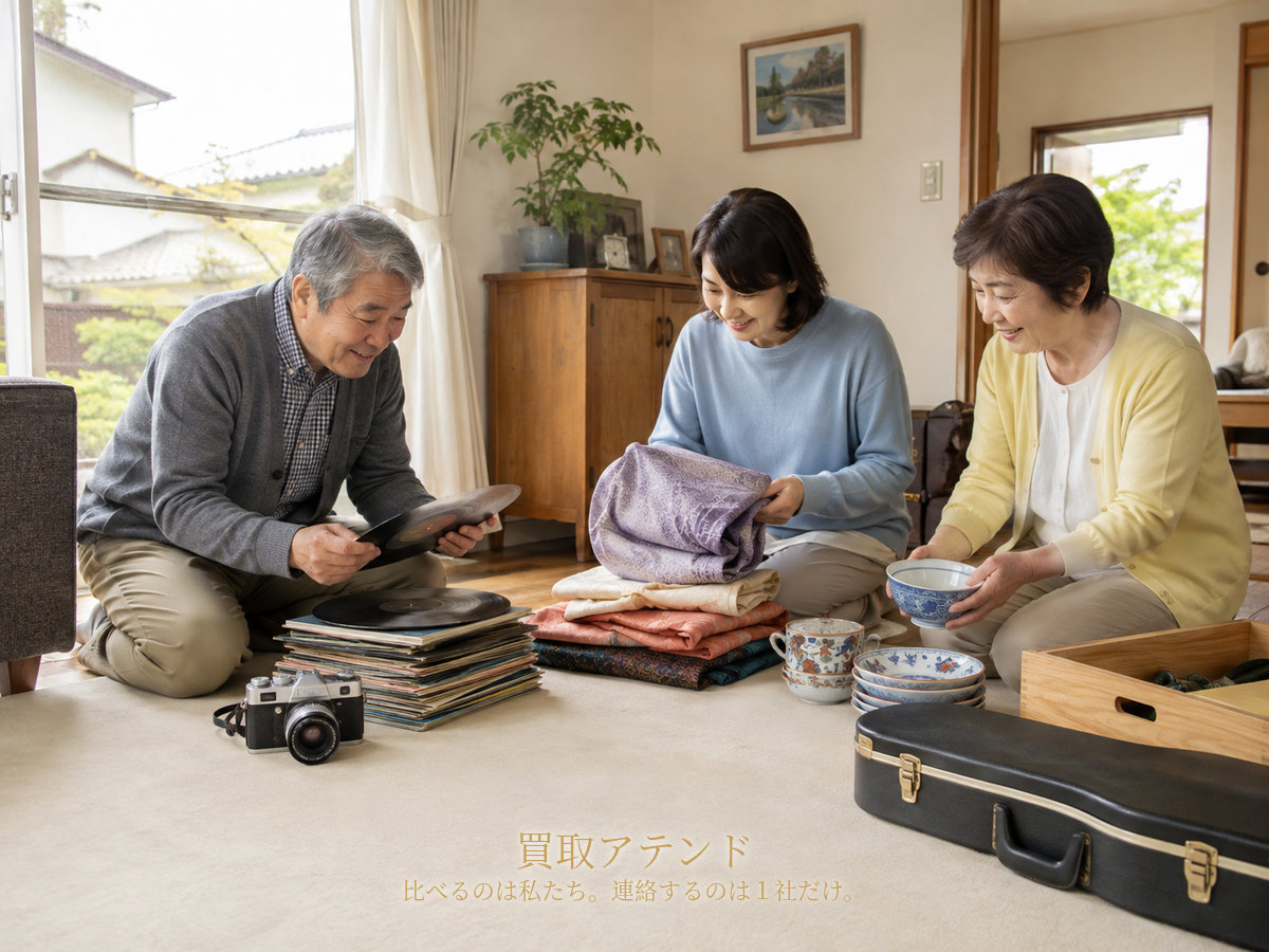 川崎市の自宅で出張買取の相談品を整理するイメージ 川崎市の戸建てで日本人家族が着物や食器、カメラ、レコード、楽器ケースを整理しているイメージ