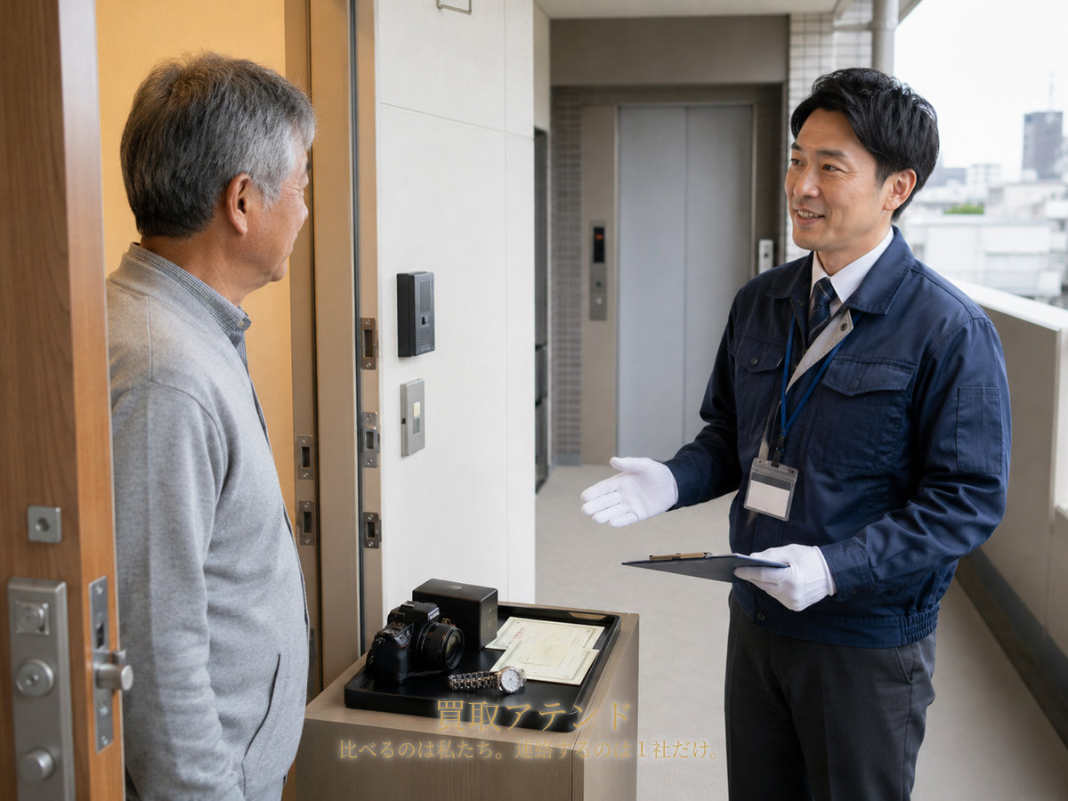 川崎市の集合住宅玄関で行う出張買取査定のイメージ 川崎市の集合住宅玄関で住人が室内側、紹介先スタッフが共用廊下側から品物を確認するイメージ