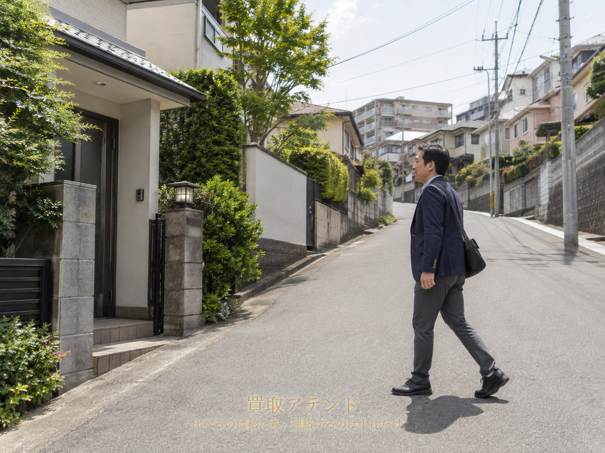 川崎市の坂のある住宅街へ出張買取スタッフが訪問するイメージ 川崎市北西部をイメージした坂のある住宅街で日本人スタッフが戸建てへ向かうイメージ
