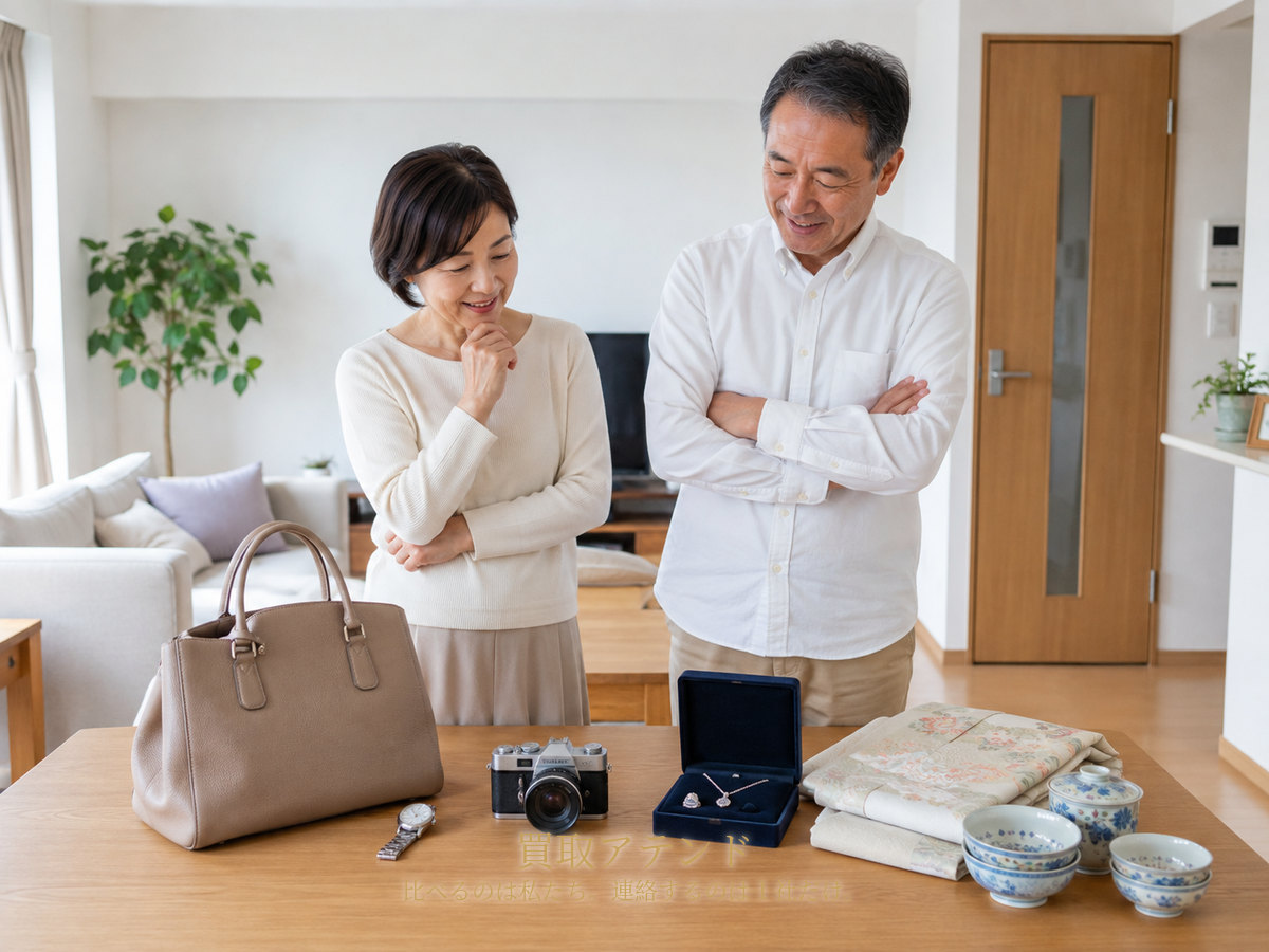 川崎市で出張買取を相談できる品物のイメージ 川崎市の自宅で日本人夫婦がバッグや時計、カメラ、ジュエリー、着物、食器を確認しているイメージ