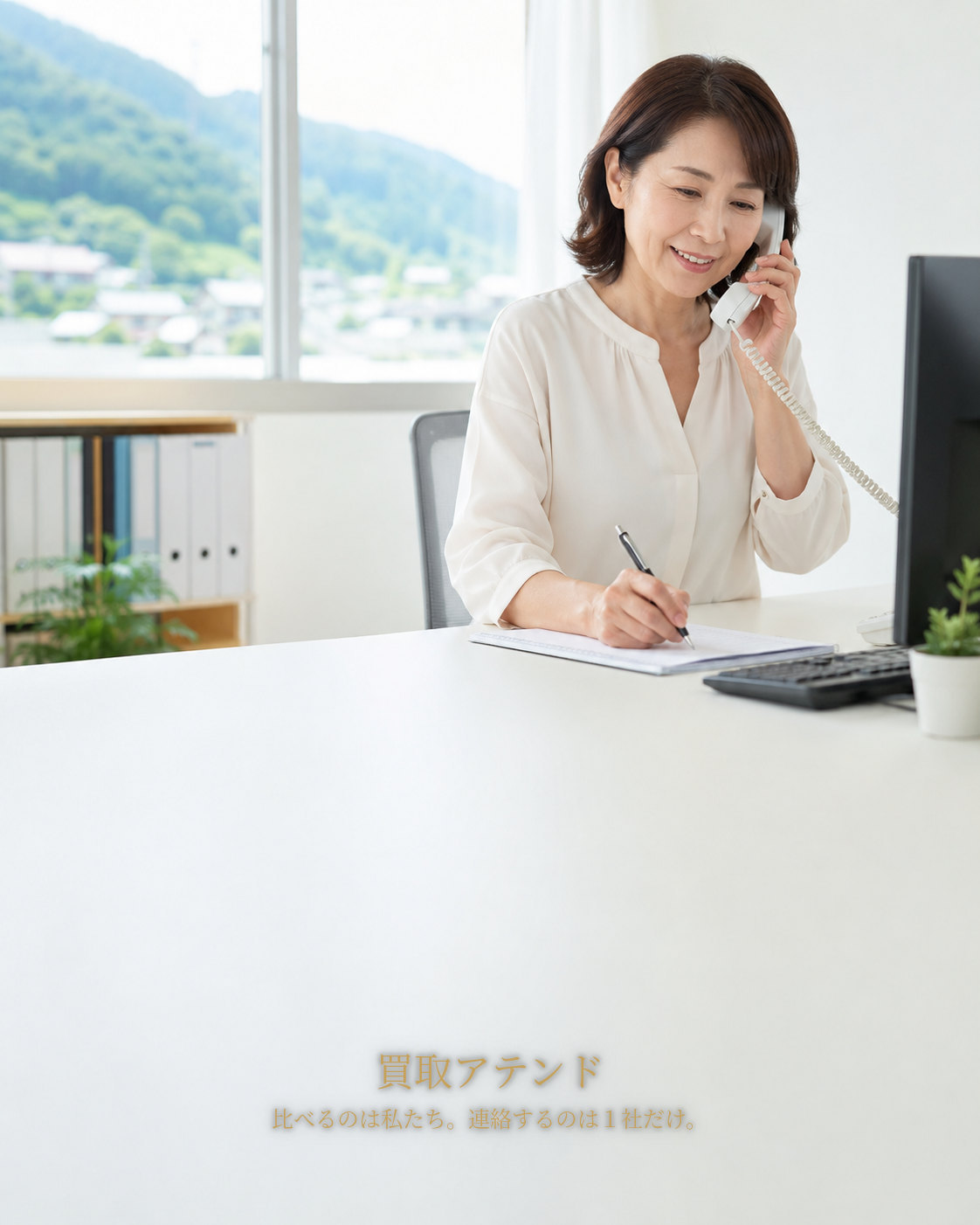 清川村の出張買取相談を電話で確認するスタッフ 日本人女性スタッフが山あいの清川村の出張買取相談を電話で確認しているイメージ