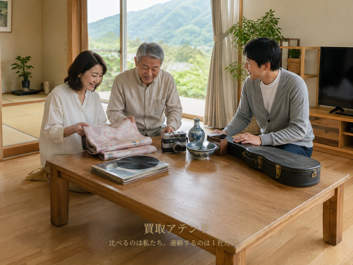 清川村の自宅で家族が出張買取の相談品を確認する様子 清川村の山あいの戸建てで日本人の夫婦と家族が着物、食器、カメラ、レコード、楽器ケースを確認しているイメージ