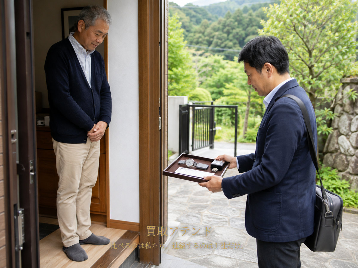 清川村の戸建て玄関で行う出張買取査定のイメージ 清川村の戸建て玄関で住人が室内側、紹介先スタッフが屋外側から時計やカメラを確認しているイメージ