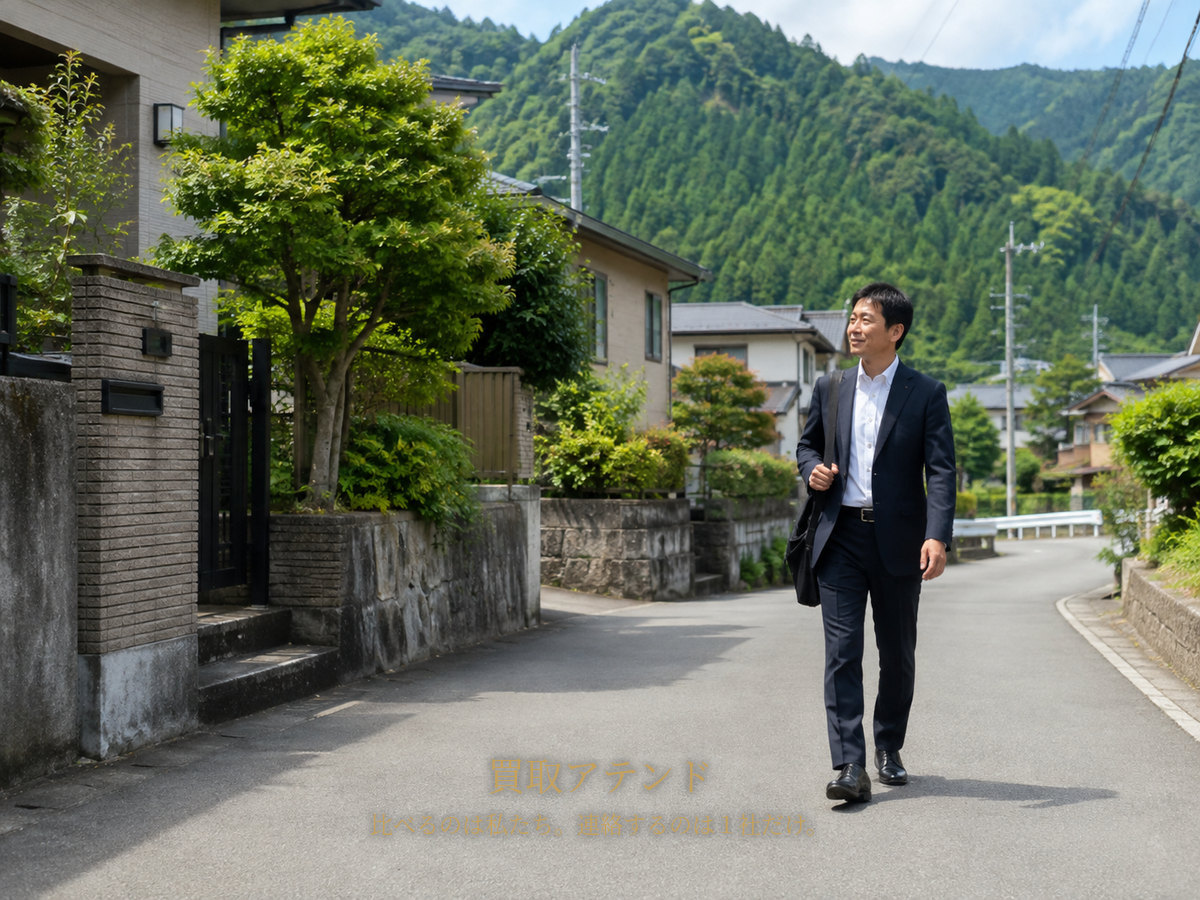 清川村の山あいの住宅地へ出張買取スタッフが訪問する様子 清川村の山あいの住宅地で日本人男性スタッフが戸建てへ向かって歩いているイメージ