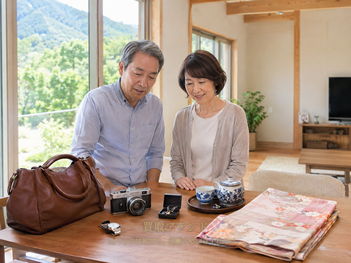 清川村の自宅で出張買取の相談品を確認する夫婦 清川村の戸建てで日本人夫婦がバッグや時計、カメラ、食器、着物を確認しているイメージ