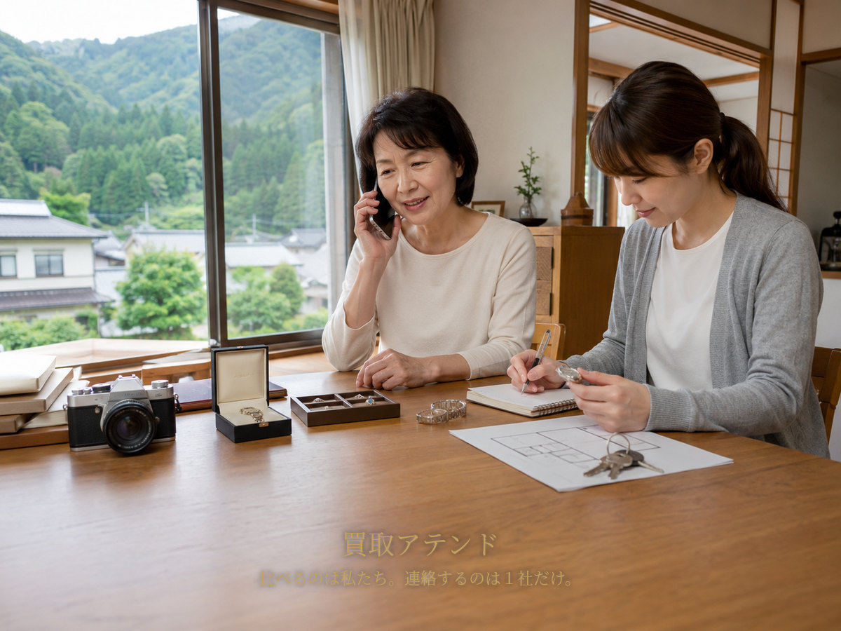 清川村の出張買取相談前に電話とメモで確認する家族 清川村の戸建てで日本人女性が電話し、家族が品物や保証書、鍵、建物条件のメモを確認しているイメージ