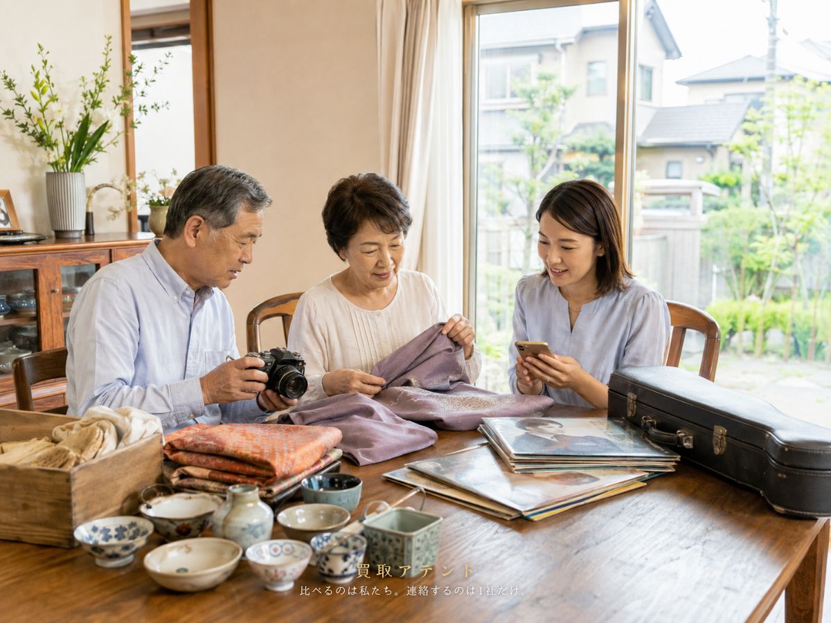 清瀬市の住宅で出張買取の相談品を確認するイメージ 清瀬市の戸建てで日本人家族が出張買取の相談品を整理しているイメージ