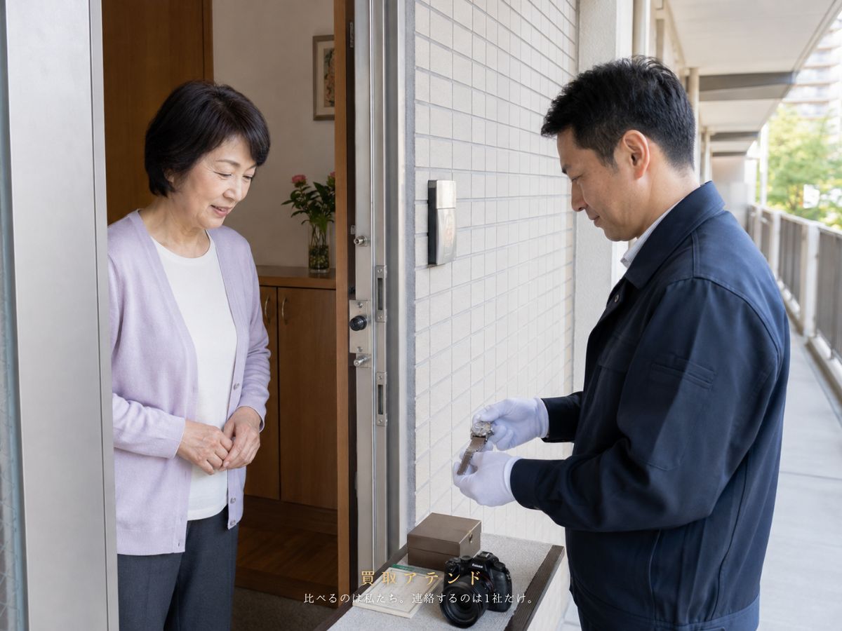 清瀬市の玄関で出張買取の品物を確認するイメージ 清瀬市の集合住宅の玄関で住人と出張買取スタッフが品物を確認しているイメージ