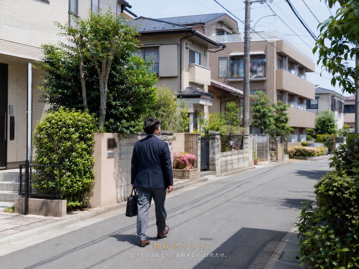 清瀬市の住宅街へ出張買取スタッフが訪問するイメージ 清瀬市の低層住宅と集合住宅がある街並みへ出張買取スタッフが訪問するイメージ
